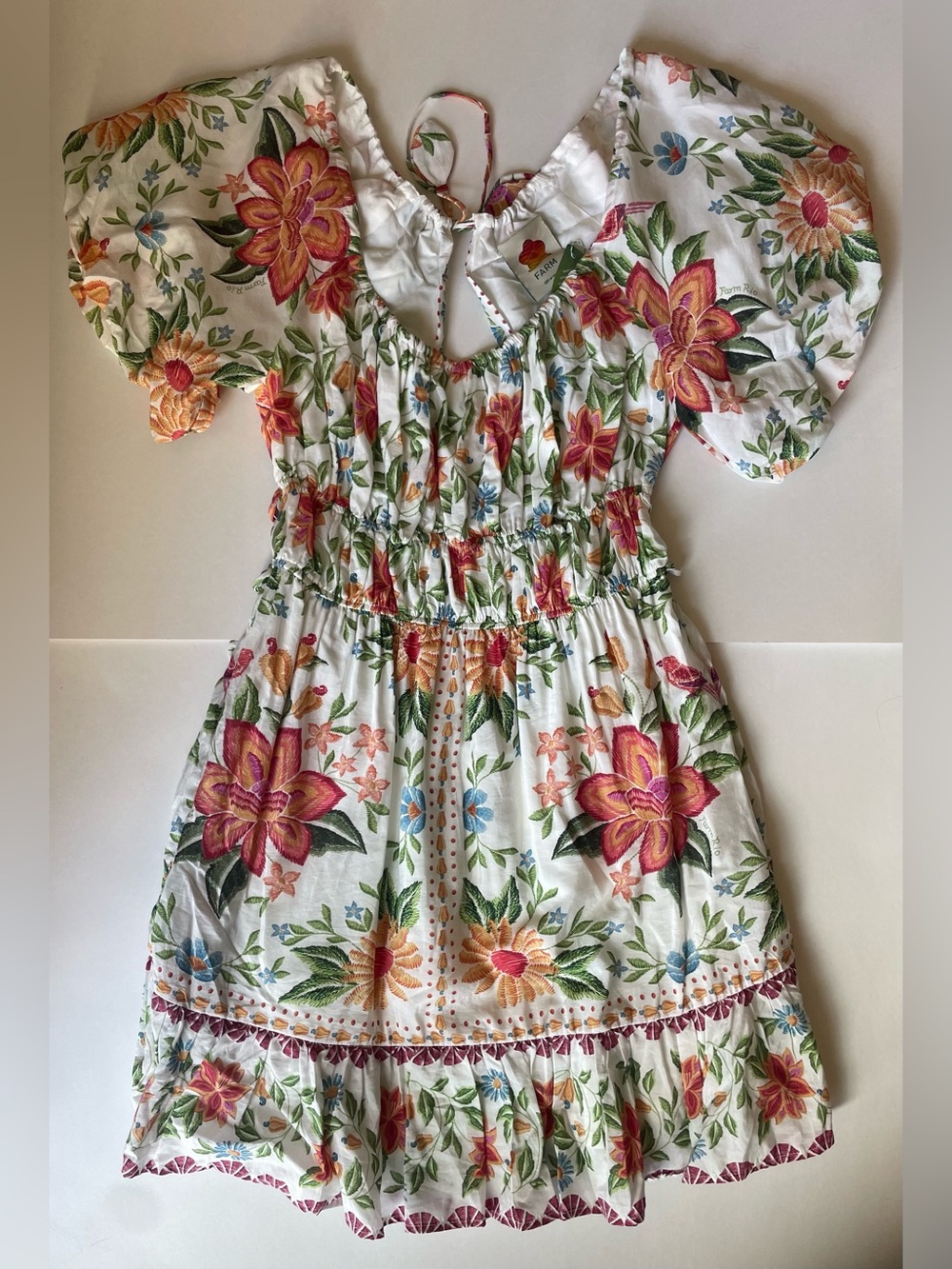 FARM Rio Floral Puff-Sleeve Mini Dress in White with Pink & Orange Flowers
